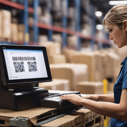 A warehouse worker uses terminal to track the movement of goods. Dispatch and delivery of goods within the logistics chain. The center of the transport company ensures the sorting and dispatch goods